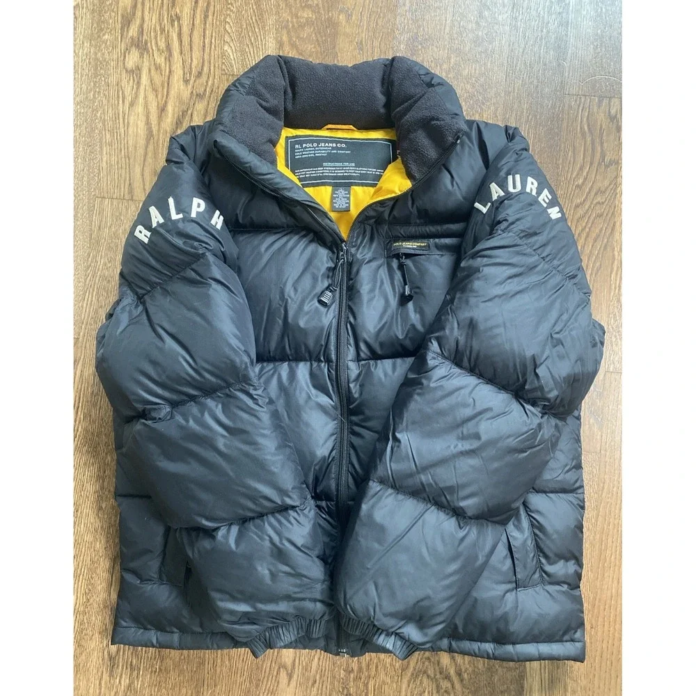 Vintage 90s Polo Ralph Lauren Down Puffer Jacket Large Black Spell Out Y2K
